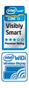 Intel Core i3 logo with 3-star Intel rating; Intel WiDi Wireless Display logo