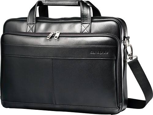 Samsonite - Leather Slim Laptop Briefcase - Black - Larger Front