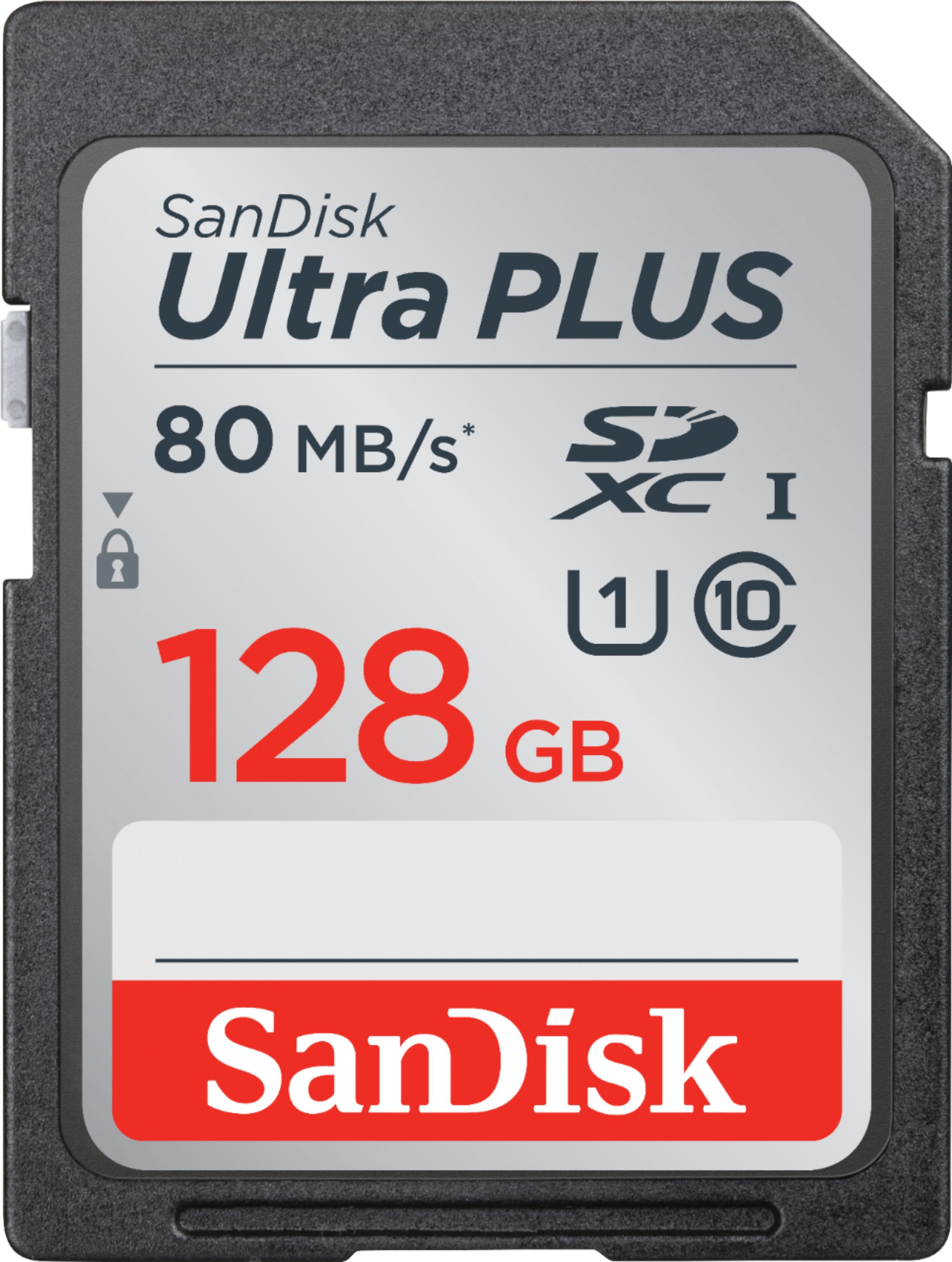 SanDisk - Ultra Plus 128GB SDXC Class 10 UHS-1 Memory Card - Black/Gray/Red - Front Zoom