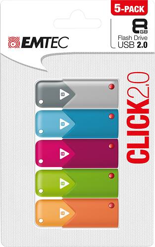 EMTEC - Click 8GB USB 2.0 Type A Flash Drives (5-Pack) - Pink/Gray/Blue/Green/Orange - Larger Front