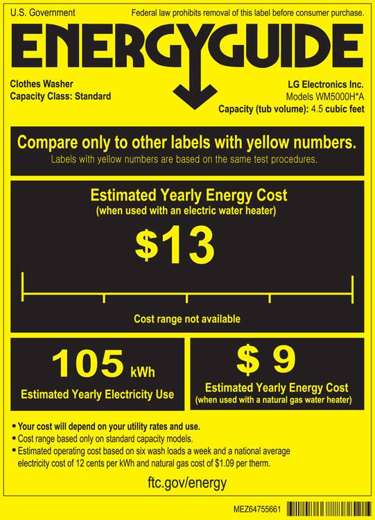 LG - 4.5 Cu. Ft. 14-Cycle High-Efficiency Front-Loading Washer with Steam and Wi-Fi Connectivity - White - Energy Guide