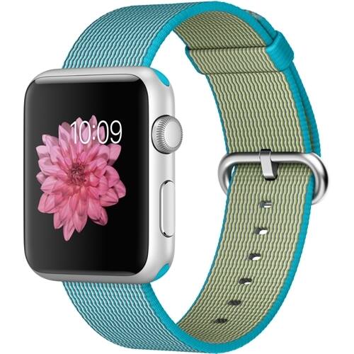 Apple - Apple Watch Sport 42mm Silver Aluminum Case - Scuba Blue Woven Nylon Band - Larger Front