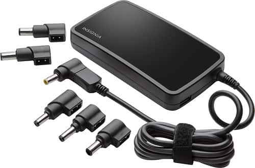Insignia™ - Slim Universal AC Laptop Power Adapter with USB Charging - Black - Larger Front
