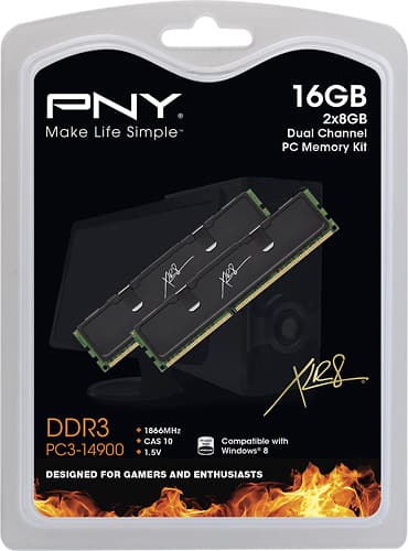 PNY - 2-Pack 8GB PC3-14900 DDR3 DIMM Desktop Memory Kit - Black - Larger Front