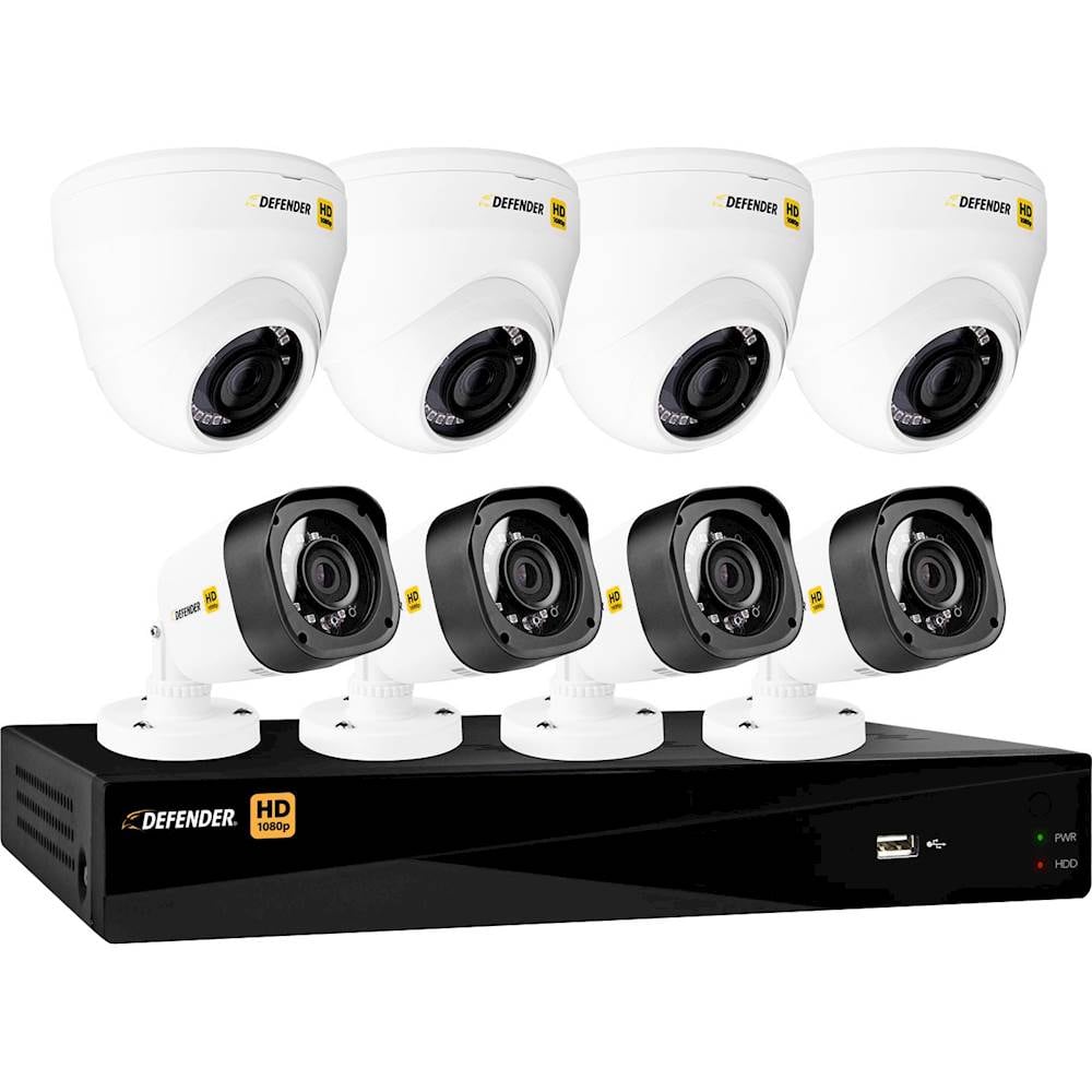 Defender - 8-Channel, 8-Camera Wired 1TB DVR Surveillance System - Black/White - Larger Front