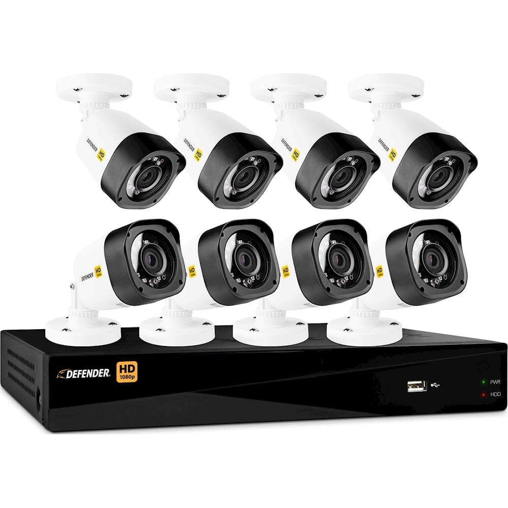 Defender - 8-Channel, 8-Camera Wired 1TB DVR Surveillance System - Black/White - Larger Front