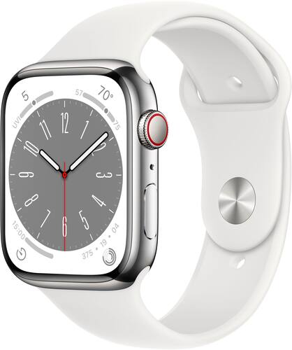 Apple Watch Series 8 GPS + Cellular 45mm Silver Stainless Steel Case with White Sport Band - S/M - White (Verizon)
Apple Watch Series 8 GPS + Cellular 45mm Silver Stainless Steel Case with White Sport Band - S/M - White (Verizon)