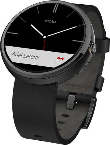 Motorola - Moto 360 Smart Watch for Android Devices 4.3 or Higher - Black Leather - Larger Front