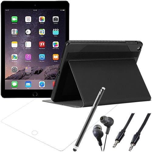 iPad Air 2 Wi-Fi 16GB (Space Gray), Screen Protector, Case, Stylus, Audio Cable & Earbuds Package - Larger Front