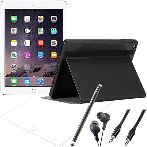 iPad Air 2 Wi-Fi 16GB (Silver), Screen Protector, Case, Stylus, Audio Cable & Earbuds Package - Larger Front
