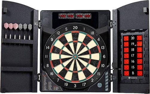 

MD Sports - Bristlesmart Smart Dartboard Cabinet With Digital X/O Cricket Scorekeeping and Steel Tip Dart Set - Brown/Black