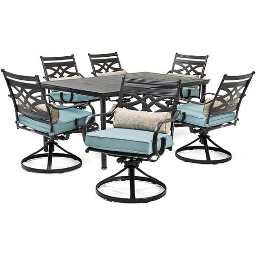 Hanover - Montclair 7-Piece Dining Set with 6 Swivel Rockers and a 40" x 67" Dining Table - Ocean Blue/Brown