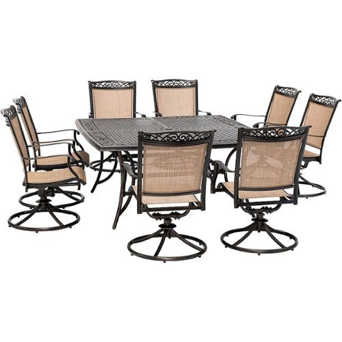 Hanover - Fontana 9-Piece Outdoor Dining Set with 8 Sling Swivel Rockers and a 60-In. Square Cast-Top Table - Tan/Bronze
Hanover - Fontana 9-Piece Outdoor Dining Set with 8 Sling Swivel Rockers and a 60-In. Square Cast-Top Table - Tan/Bronze