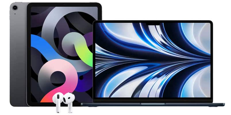 Tablet, laptop, earbuds