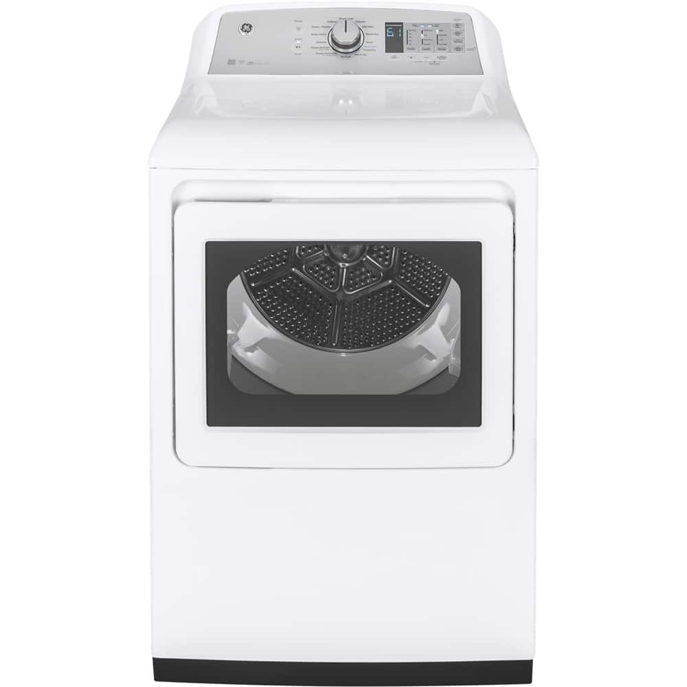 GE - 7.4 Cu. Ft. 14-Cycle Electric Dryer with Steam - White on White/Silver - Front_Zoom