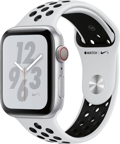 Apple - Apple Watch Nike+ Series 4 (GPS + Cellular) 44mm Silver Aluminum Case with Pure Platinum/Black Nike Sport Band - Silver Aluminum