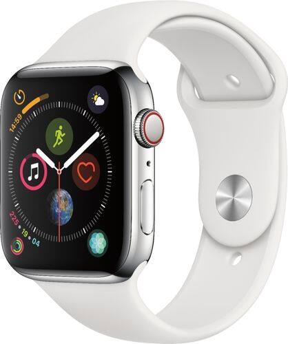 Apple - Apple Watch Series 4 (GPS + Cellular) 44mm Stainless Steel Case with White Sport Band - Stainless Steel