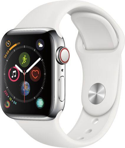 Apple - Apple Watch Series 4 (GPS + Cellular) 40mm Stainless Steel Case with White Sport Band - Stainless Steel