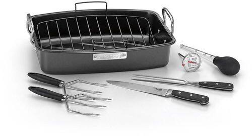 Cuisinart - Steel Nonstick 17” x 13" Roaster Set with Carving Tools - Chrome