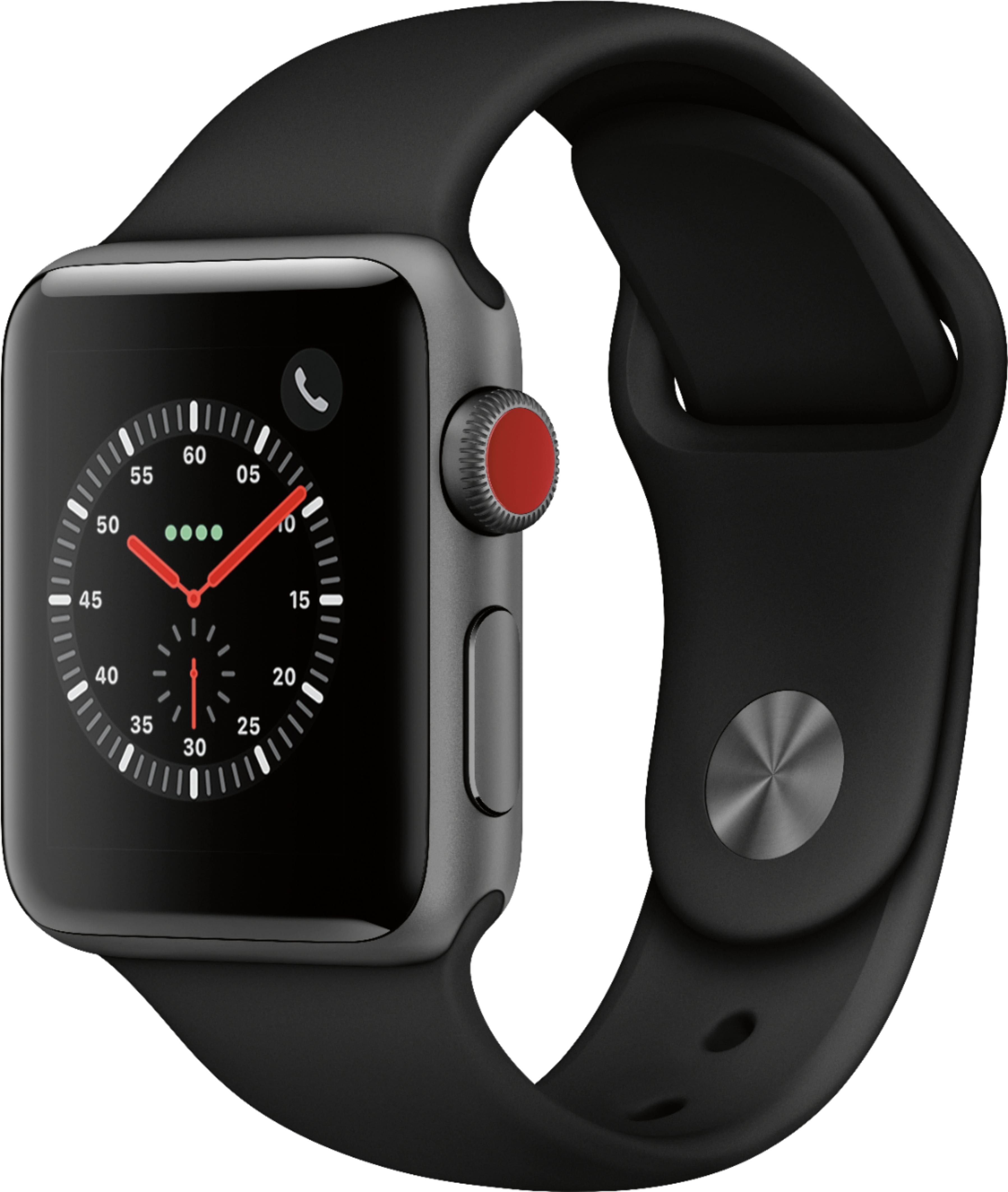 Apple - Geek Squad Certified Refurbished Apple Watch Series 3 (GPS+Cellular) 38mm Space Gray Aluminum Case with Black Sport Band - Space Gray Aluminum