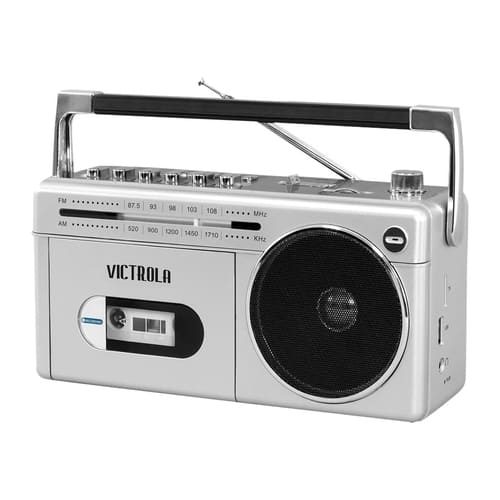 Victrola Mini Bluetooth Boombox with Cassette Player, Recorder and AM/FM Radio (Silver)