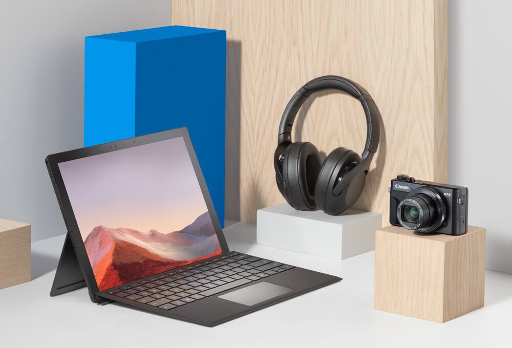 Laptop, headphones, camera