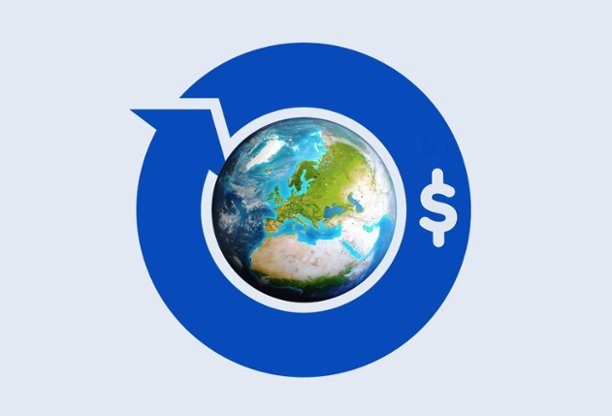 Logo of Earth surrounded by circular arrow with dollar sign 