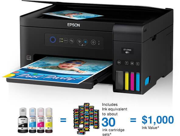 All-in-one printer. ET-2700 includes ink equivalent to about 30 ink cartridge sets, see footnote. Equal to $1,000 ink value, see footnote.