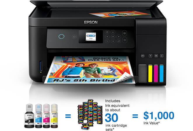 All-in-one printer. ET-2750 includes ink equivalent to about 30 ink cartridge sets, see footnote. Equal to $1,000 ink value, see footnote.