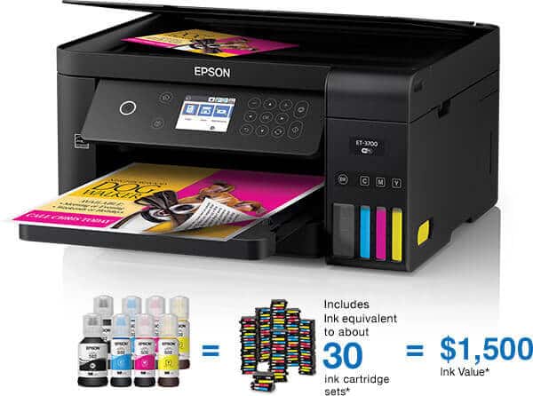 All-in-one printer. ET-3700 includes ink equivalent to about 30 ink cartridge sets, see footnote. Equal to $1,500 ink value, see footnote.