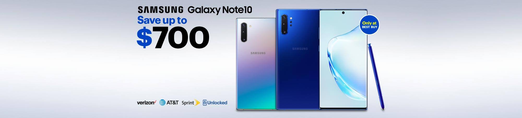 Save up to $700, on the new Samsung Galaxy Note10 or Note10+ with qualified activation and trade-in. Plus, get 24-month financing on unlocked models when you use your My Best Buy® Credit Card. Financing offer valid on purchases $649 and up. Terms and conditions apply. Samsung, Galaxy Note 10, cell phones, Verizon, A T and T, Sprint, unlocked, only at Best Buy