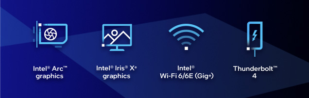 Intel Arc graphics, Intel Iris X graphics, Intel Wi-Fi 6 and 6E gig, Thunderbolt 4