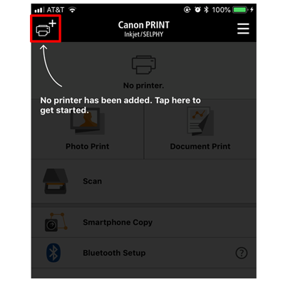 Canon print app screen with icon to add printer