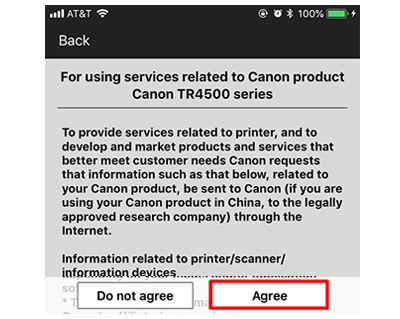 Terms and conditions page in Canon print app