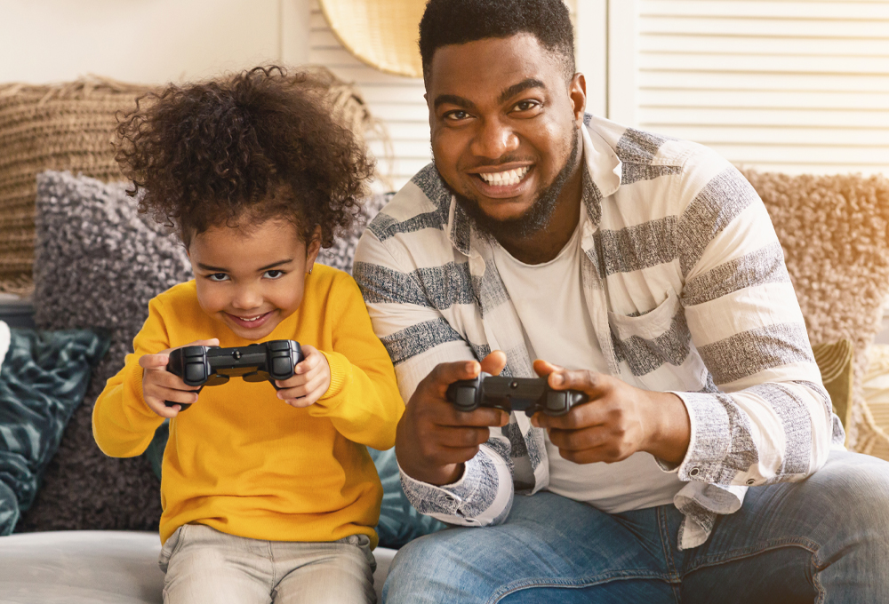 Family with game controllers.