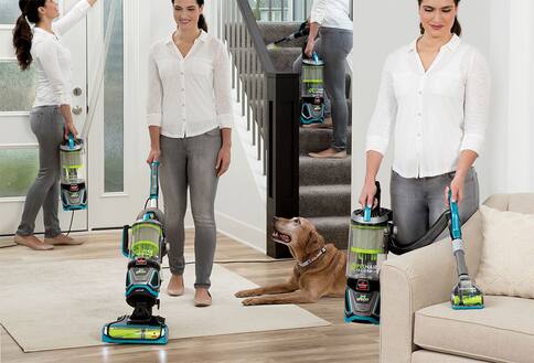 Person cleaning floor, steps, furniture and walls