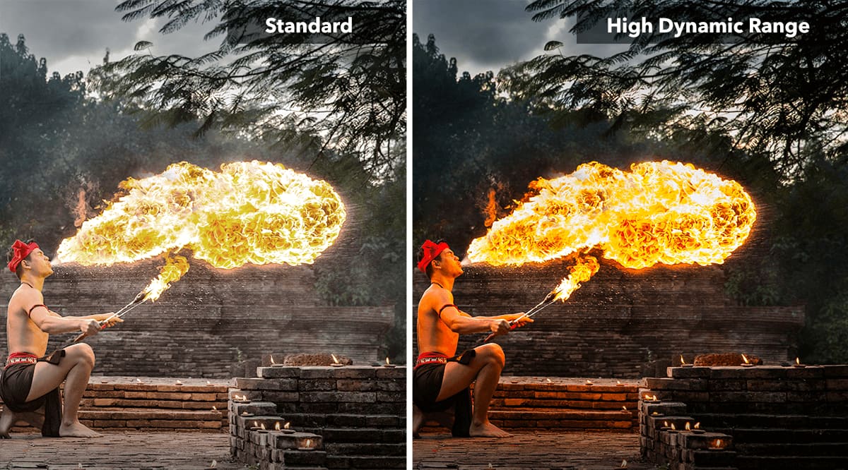 split screen comparison, standard, high dynamic range