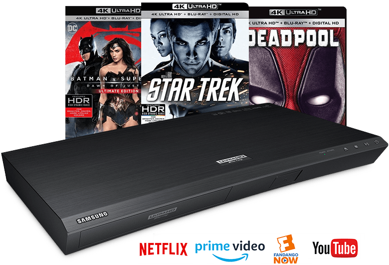 Blu-ray player and discs, Netflix, Plex, Fandango Now, YouTube