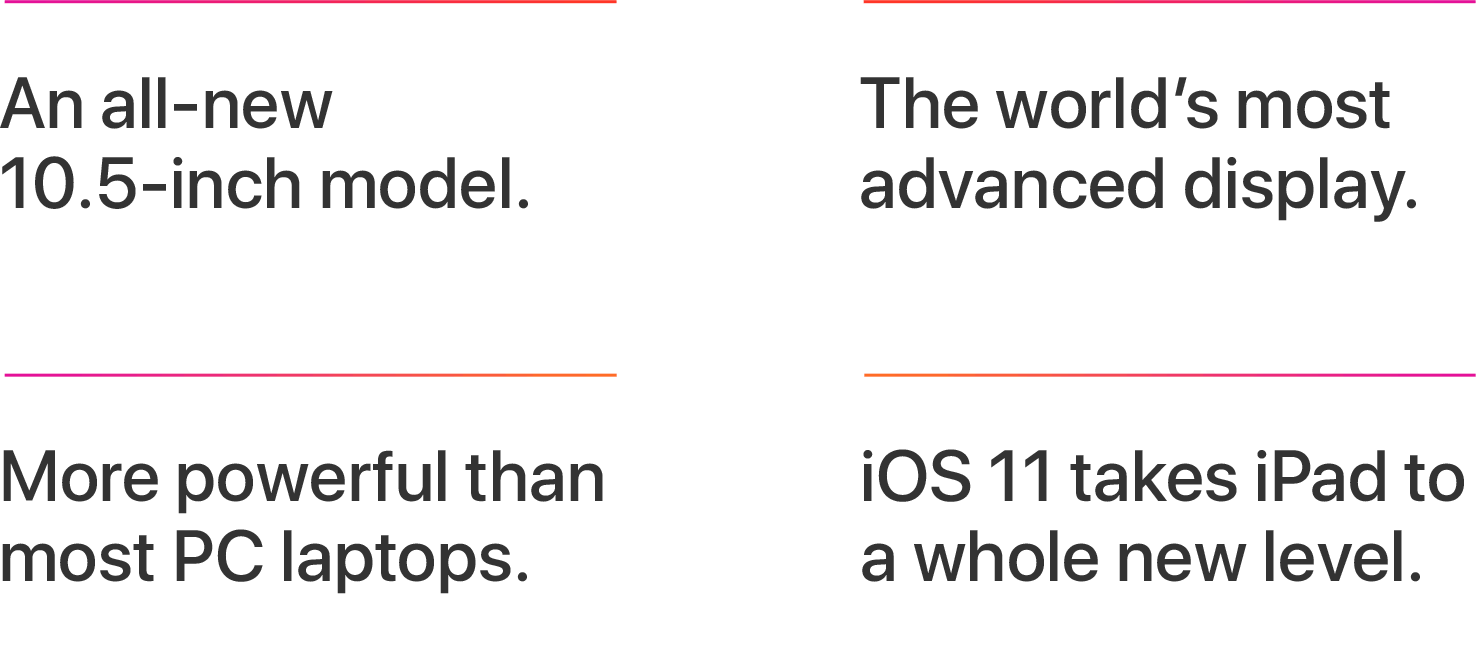An all-new 10.5-inch model, The world's most advanced display, More powerful than most PC laptops, iOS 11 takes iPad to a whole new level, Coming this fall