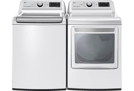 White top-loading washer and front-loading dryer with black detailing
