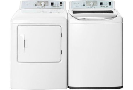 White front-loading dryer and top-loading washer with black lid