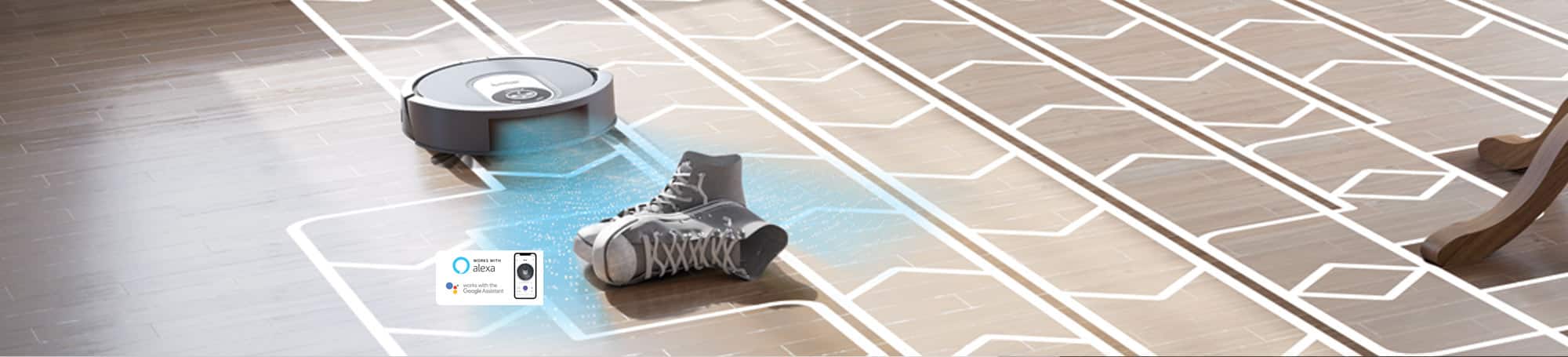 Robot vacuum approaching and sensing shoes. Works with Alexa. Works with the Google Assistant.