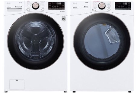 White front-loading washer and dryer with black doors and detailing