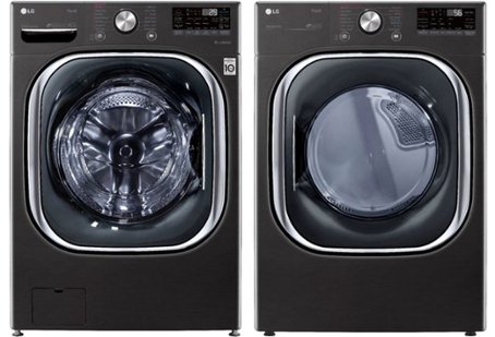 Black front-loading washer and dryer with silver detailing and knobs