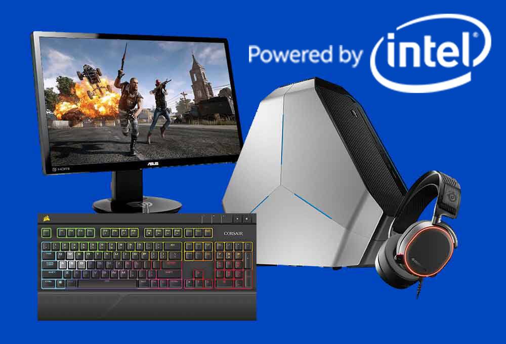 Monitors, keyboard, headset, Intel