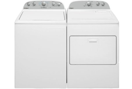 White top-loading washer and front-loading dryer with gray control panel