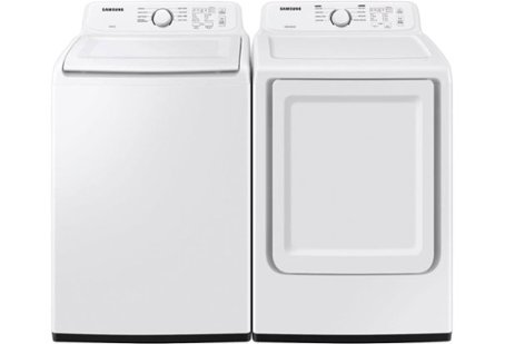 White top-loading washer and front-loading dryer with white control panel