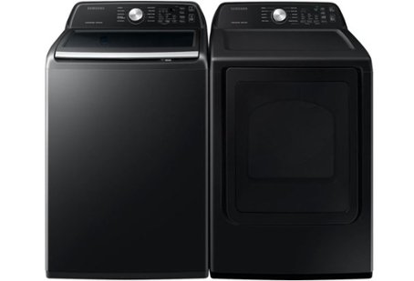 Black top-loading washer and dryer with silver lid handle and knobs