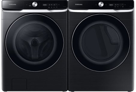 Black front-loading washer and dryer with silver knobs and detailing