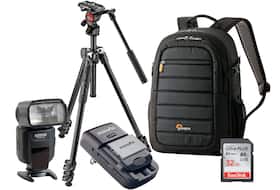 Backpack, memory card, charger, tripod, camera battery
